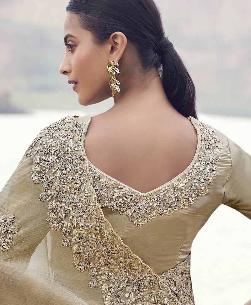 beige tissue silk blend jacquard saree with pure tissue blouse     elegant soft silk blend saree