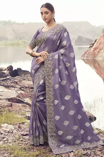 purple tissue silk blend jacquard saree with matching tissue blouse     premium traditional saree
