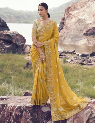 yellow tissue silk blend jacquard saree with beige pure tissue blouse  vibrant festive wear saree 1