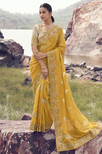yellow tissue silk blend jacquard saree with beige pure tissue blouse     vibrant festive wear saree