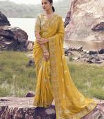 yellow tissue silk blend jacquard saree with beige pure tissue blouse     vibrant festive wear saree