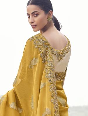 yellow tissue silk blend jacquard saree with beige pure tissue blouse  vibrant festive wear saree 2