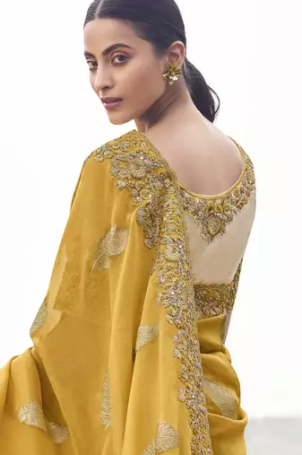 yellow tissue silk blend jacquard saree with beige pure tissue blouse  vibrant festive wear saree