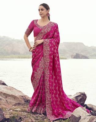 rani pink pure satin silk blend jacquard saree with satin silk blend blouse  luxury bridal saree 1
