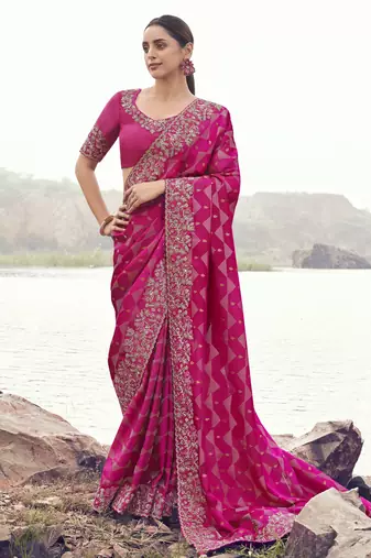 rani pink pure satin silk blend jacquard saree with satin silk blend blouse     luxury bridal saree