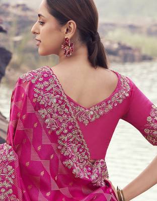 rani pink pure satin silk blend jacquard saree with satin silk blend blouse  luxury bridal saree 2