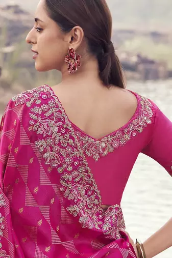 rani pink pure satin silk blend jacquard saree with satin silk blend blouse  luxury bridal saree