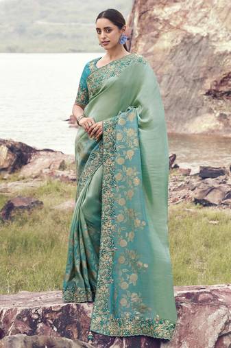 sky blue shaded bagalpuri tissue silk blend saree with pure tissue blouse     trendy soft silk blend saree