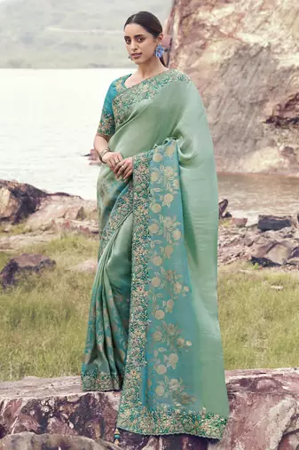 sky blue shaded bagalpuri tissue silk blend saree with pure tissue blouse     trendy soft silk blend saree