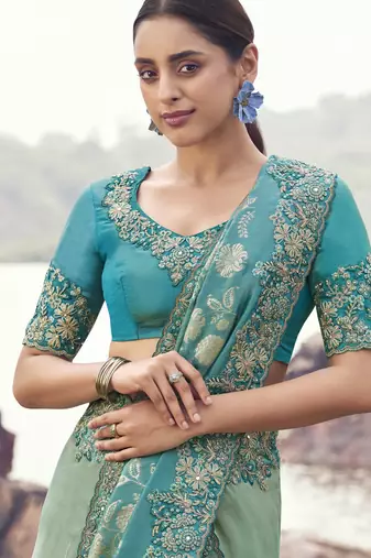 sky blue shaded bagalpuri tissue silk blend saree with pure tissue blouse  trendy soft silk blend saree