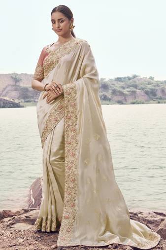 chiku satin silk blend saree with baby pink pure tissue blouse     soft & stylish designer saee