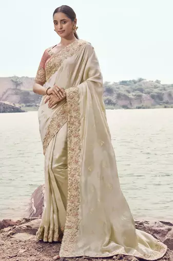 chiku satin silk blend saree with baby pink pure tissue blouse     soft & stylish designer saee