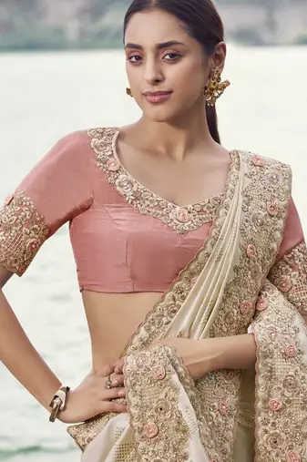 chiku satin silk blend saree with baby pink pure tissue blouse  soft & stylish saee