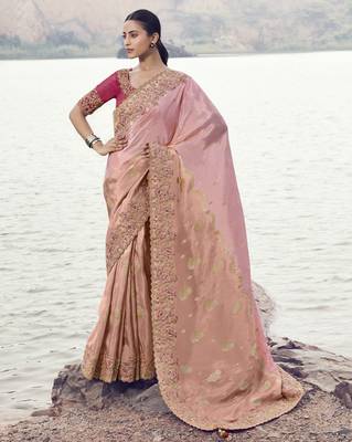 pink tissue silk blend with organza mix saree & pure tissue blouse  lightweight soft wedding saree 1