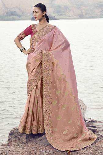 pink tissue silk blend with organza mix saree & pure tissue blouse     lightweight soft wedding saree
