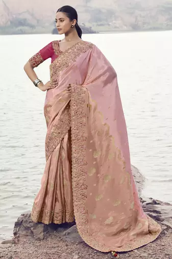 pink tissue silk blend with organza mix saree & pure tissue blouse     lightweight soft wedding saree