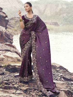 wine pure satin silk blend jacquard saree with pure satin blouse  premium wedding & party saree 1