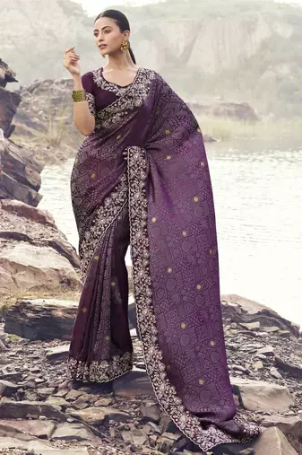 wine pure satin silk blend jacquard saree with pure satin blouse     premium wedding & party saree