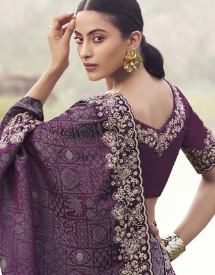 wine pure satin silk blend jacquard saree with pure satin blouse  premium wedding & party saree 2
