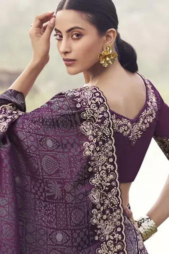 wine pure satin silk blend jacquard saree with pure satin blouse  premium wedding & party saree