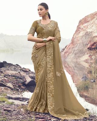 chiku pure banarasi silk blend saree with satin silk blend blouse  festive banarasi saree 1