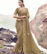 chiku pure banarasi silk blend saree with satin silk blend blouse     traditional festive banarasi saree