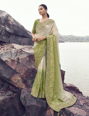 green shaded tissue silk blend jacquard saree with pure tissue blouse  trendy ombre festival saree 1