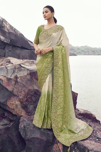 green shaded tissue silk blend jacquard saree with pure tissue blouse     trendy ombre festival saree