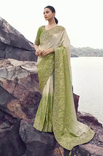 green shaded tissue silk blend jacquard saree with pure tissue blouse     trendy ombre festival saree