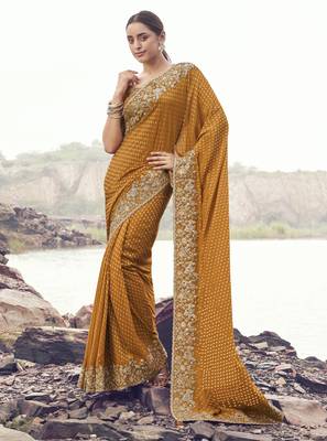 mustard pure satin silk blend jacquard saree with pure tissue blouse  rich ethnic wedding saree 1