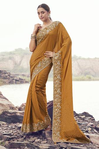 mustard pure satin silk blend jacquard saree with pure tissue blouse     rich ethnic wedding saree