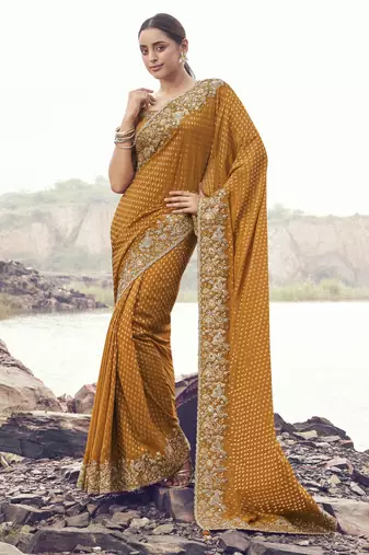 mustard pure satin silk blend jacquard saree with pure tissue blouse     rich ethnic wedding saree