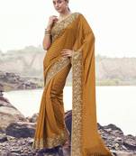 mustard pure satin silk blend jacquard saree with pure tissue blouse     rich ethnic wedding saree