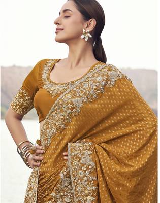 mustard pure satin silk blend jacquard saree with pure tissue blouse  rich ethnic wedding saree 2