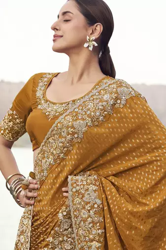 mustard pure satin silk blend jacquard saree with pure tissue blouse  rich ethnic wedding saree