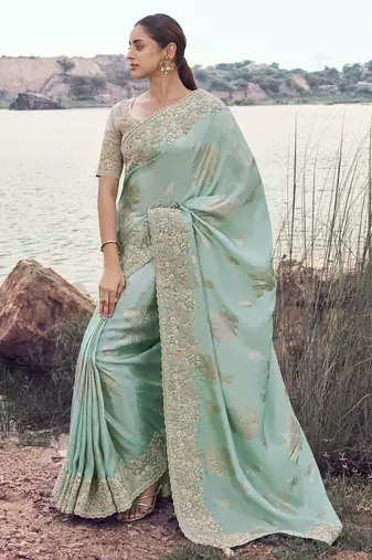 sky blue tissue silk blend jacquard saree with chiku pure tissue blouse     soft & elegant designer saree