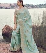 sky blue tissue silk blend jacquard saree with chiku pure tissue blouse     soft & elegant designer saree