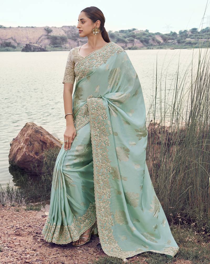 sky blue tissue silk blend jacquard saree with chiku pure tissue blouse     soft & elegant designer saree