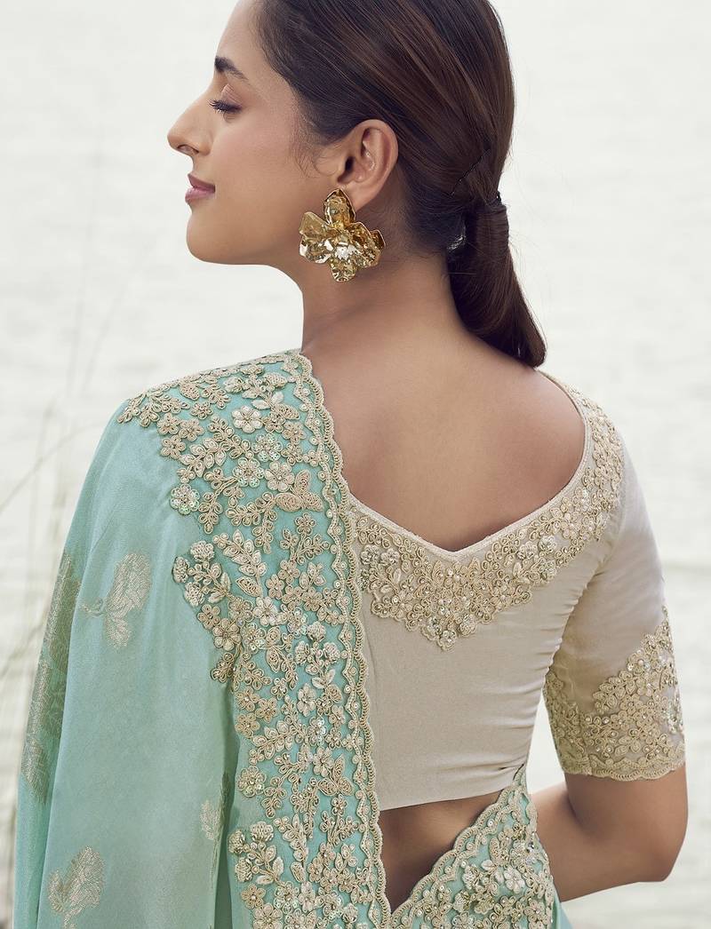 sky blue tissue silk blend jacquard saree with chiku pure tissue blouse     soft & elegant designer saree