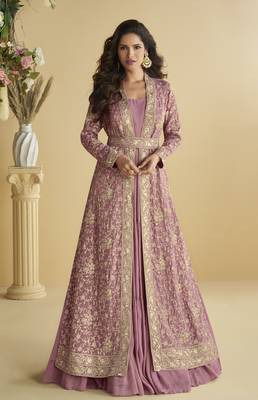 pink chinon embroidered kurti with shrug & belt 1