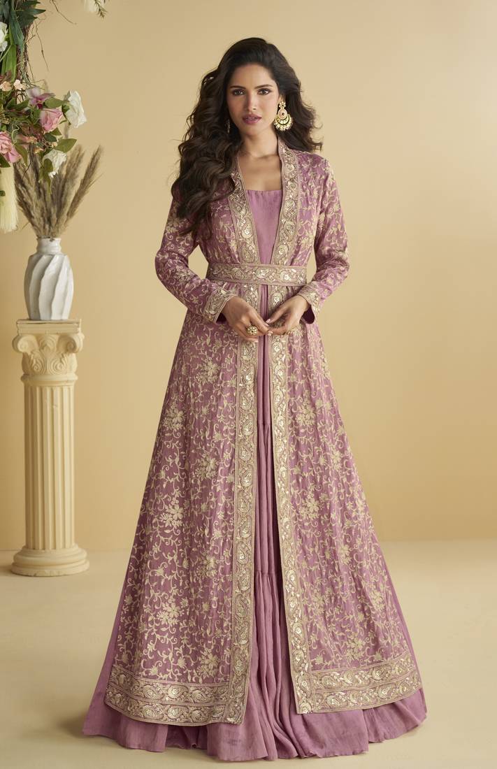 Pink Chinon Embroidered Kurti With Shrug & Belt