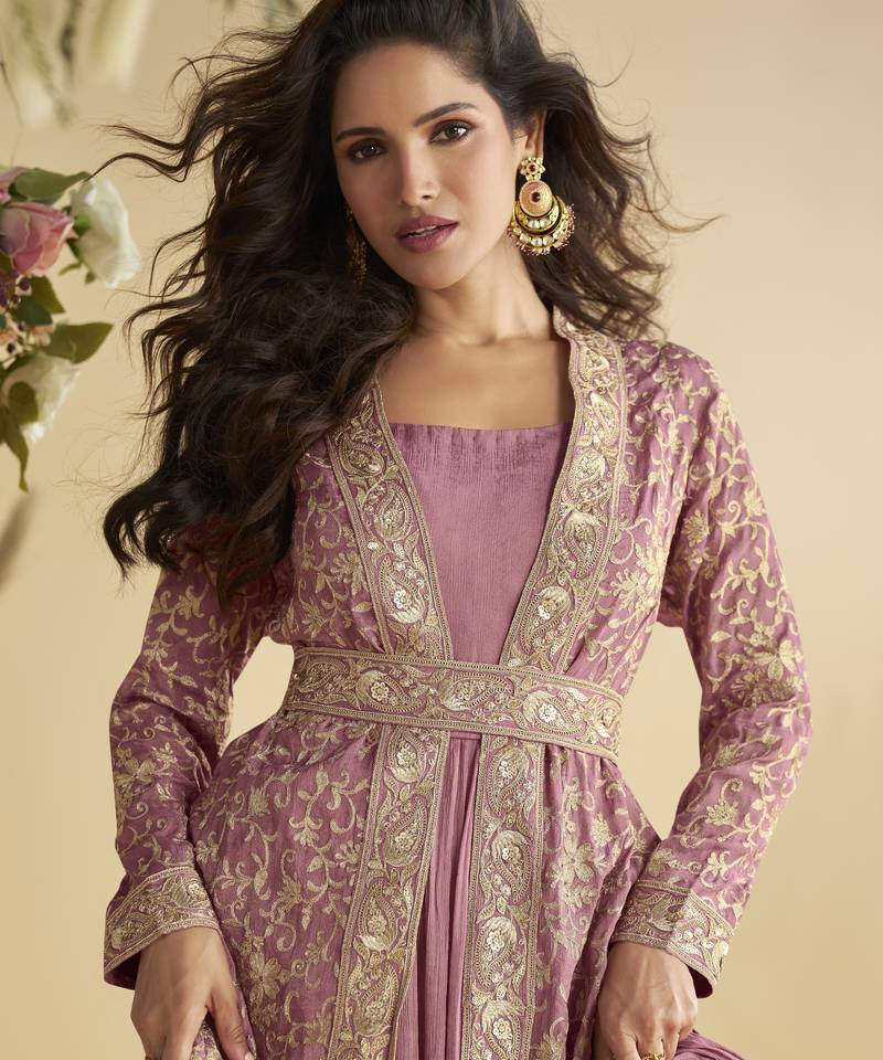 Pink Chinon Embroidered Kurti With Shrug & Belt