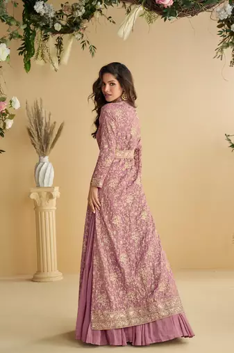 pink chinon embroidered kurti with shrug & belt