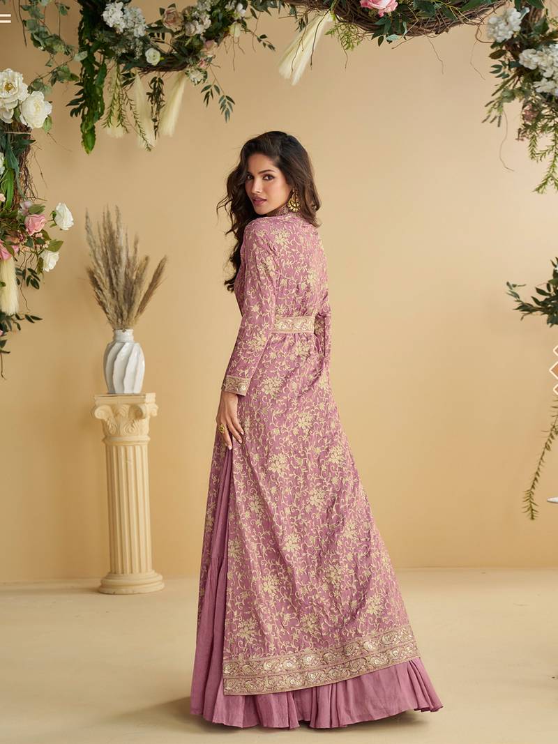 Pink Chinon Embroidered Kurti With Shrug & Belt