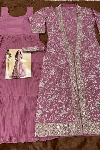 pink chinon embroidered kurti with shrug & belt
