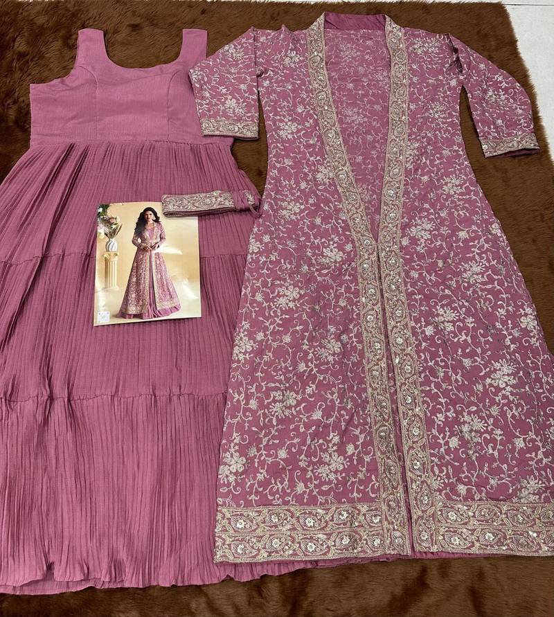 Pink Chinon Embroidered Kurti With Shrug & Belt