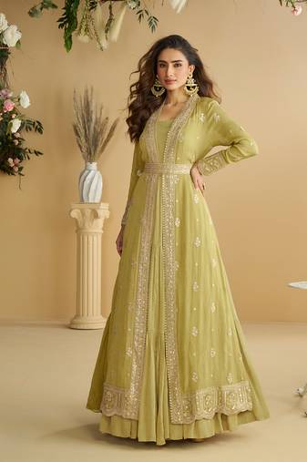 Lemon green embroidered Chinon Shrug Set