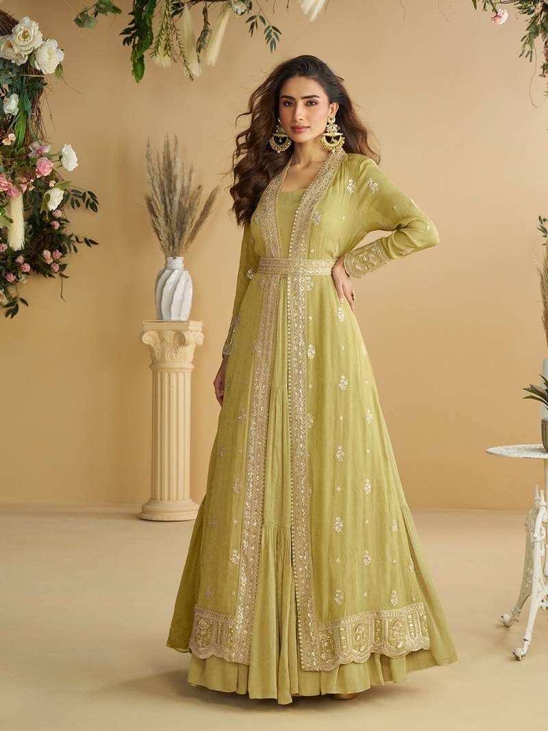 Lemon green embroidered Chinon Shrug Set