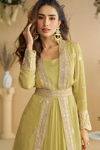 lemon green embroidered chinon shrug set
