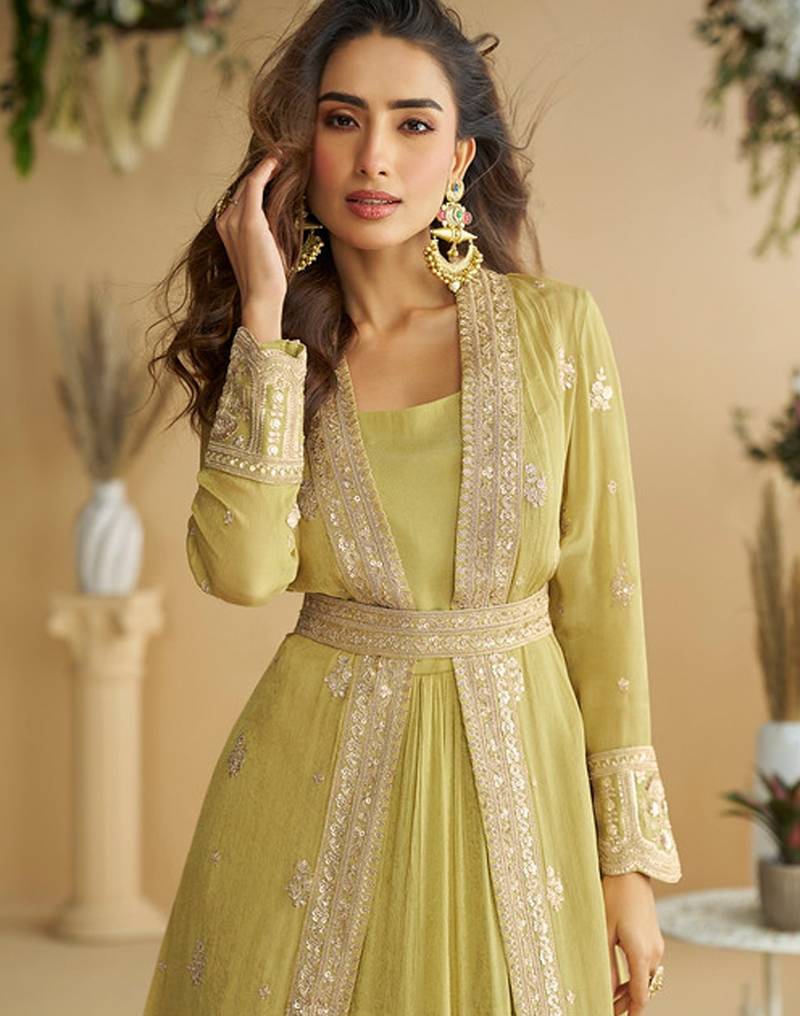 Lemon green embroidered Chinon Shrug Set
